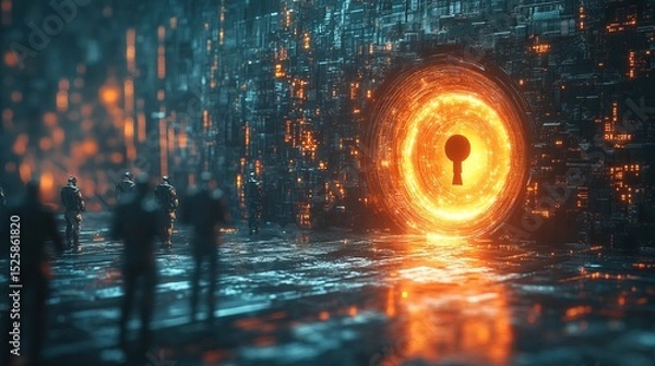 Fototapeta A glowing keyhole inside a digital vault with miniature security guards 
