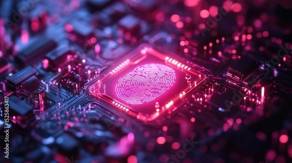 Fototapeta A glowing fingerprint scanner unlocking a tiny digital vault