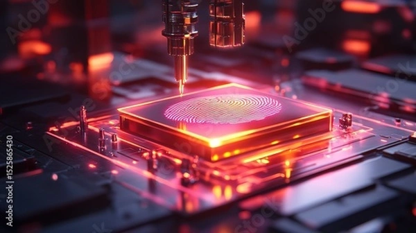 Fototapeta A glowing 3D fingerprint scanner with tiny laser defenses surrounding it 