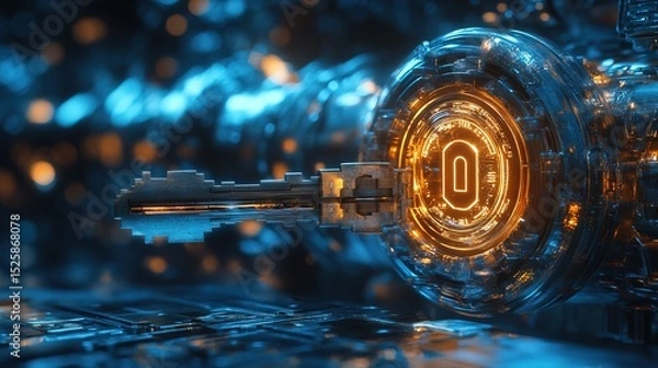 Fototapeta A futuristic holographic lock with a miniature encrypted key