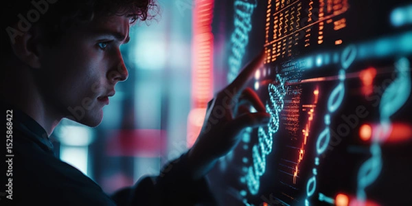 Obraz Scientist examining digital DNA structure on high-tech display, Man studying genetic code on virtual touchscreen, Biotech professional analyzing genome data interface
