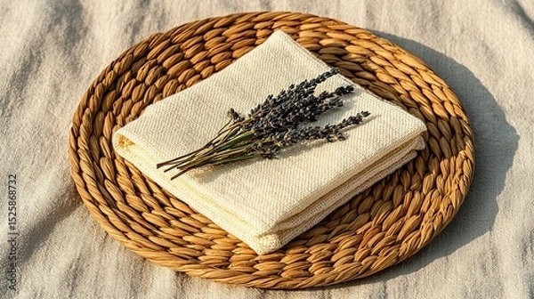Fototapeta Cream-colored cloths arranged on a woven placemat.