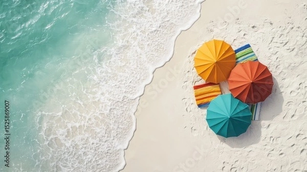 Fototapeta Drone View Vibrant Life on Beaches Concept. Colorful Beach Umbrellas on Sand with Ocean Waves in Bright Tropical Paradise Setting