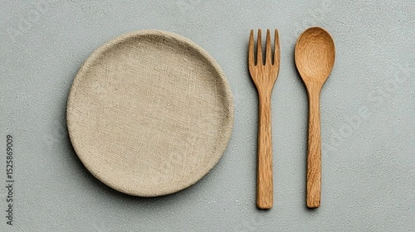 Fototapeta Simple wooden fork and spoon on a light beige plate.