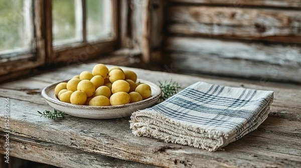 Fototapeta A rustic wooden table with a ceramic bowl of yellow plums and a stack of checked napkins.