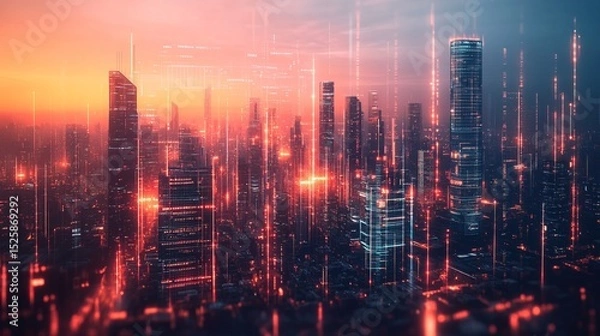 Fototapeta A futuristic city skyline with digital charts overlaying glowing skyscrapers