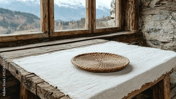 Fototapeta Rustic wooden table with a light tablecloth and a wicker plate.