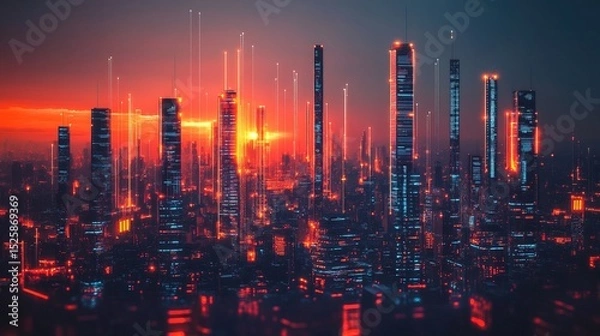 Fototapeta A futuristic city skyline with digital charts overlaying glowing skyscrapers