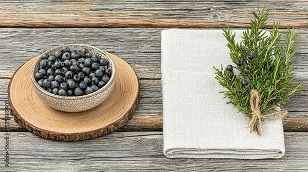 Fototapeta A bowl of dark berries sits on a wooden coaster, beside a folded linen napkin with rosemary sprigs.