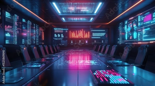 Fototapeta A futuristic business conference room with AI-driven analytics on glowing screens 