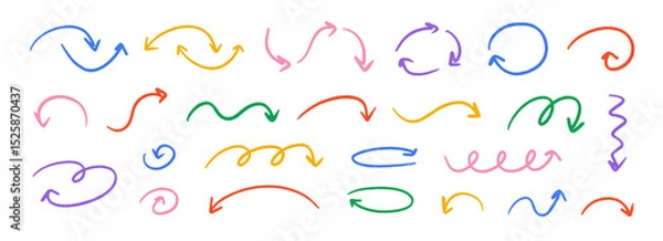 Obraz Hand drawn crayon wavy arrow collection. Color curved, zig zag and squiggle doodled arrows set. Charcoal sketch pointer and direction lines. Vector pastel pencil, chalk or marker brush stroke elements