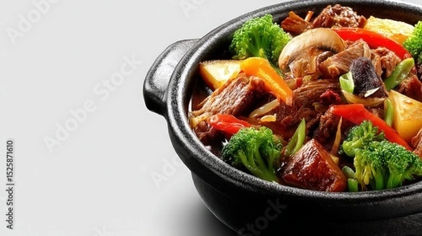 Fototapeta Delicious Beef Stew with Vegetables in a Black Pot
