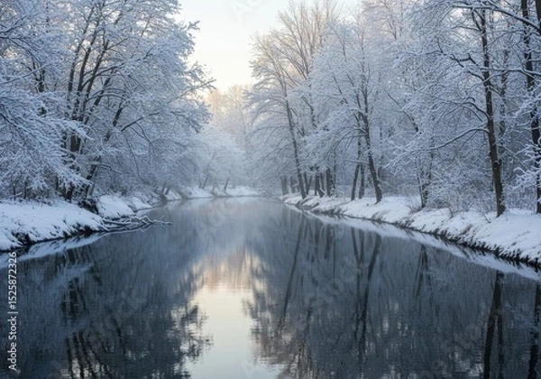 Fototapeta Snowy trees reflecting in the calm river during the winter season