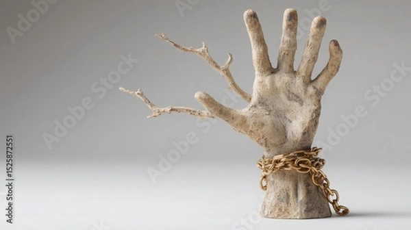 Fototapeta Hand Bound by Chains and Tree Branches.