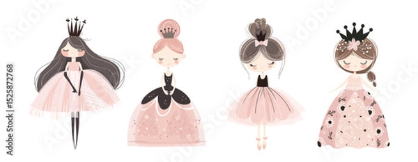 Obraz Set of cute princesses in elegant pink dresses with crowns, simple flat art collection for girls, print for children's room, fairy-tale character for design. Vector isolated on white background.