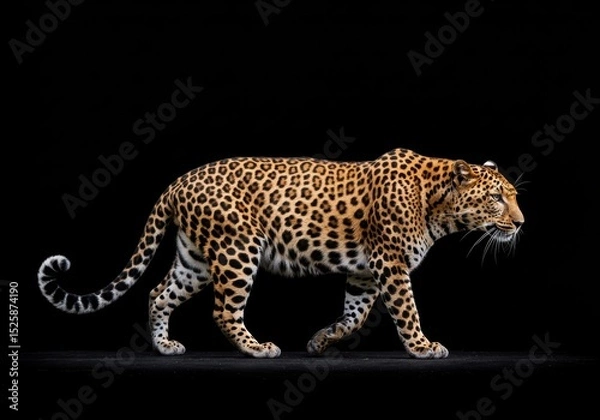 Obraz Leopard walking in profile against a black background