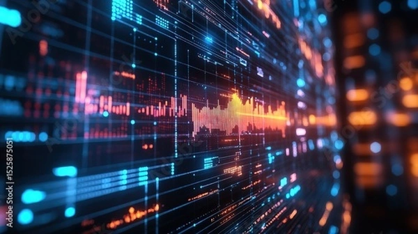 Fototapeta A cyber-themed data visualization wall showing increasing business profits 