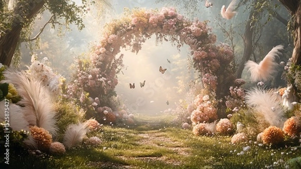 Fototapeta Enchanting Floral Archway in a Mystical Forest with Delicate Butterflies and Ethereal Light
