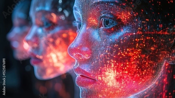 Fototapeta A cybernetic art installation where diverse holographic faces blend into one