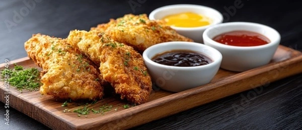 Fototapeta Crispy chicken tenders served on a wooden board with three dipping sauces and a garnish of fresh herbs.