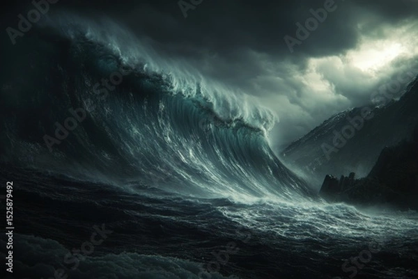 Fototapeta A massive wave crashing against a seawall as a typhoon approaches, with dark clouds overhead 