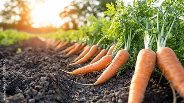 Fototapeta wide angle view of tidy carrot plantation with low sun behind horizon, dramatic shadows stretching through rows, peaceful rural lighting and natural texture contrasts