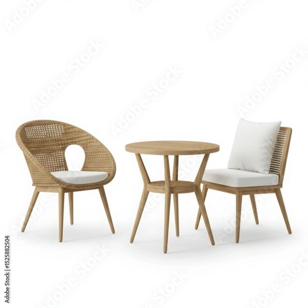 Fototapeta Wicker chairs and a round wooden table on a white background in studio shot