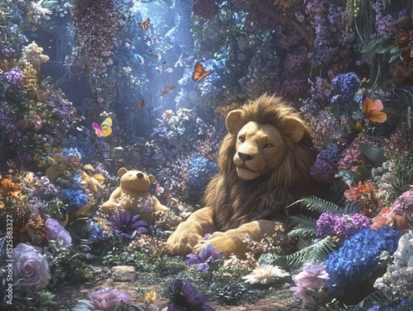 Fototapeta Enchanting forest scene featuring a majestic lion, a teddy bear, and vibrant flowers creating a whimsical atmosphere