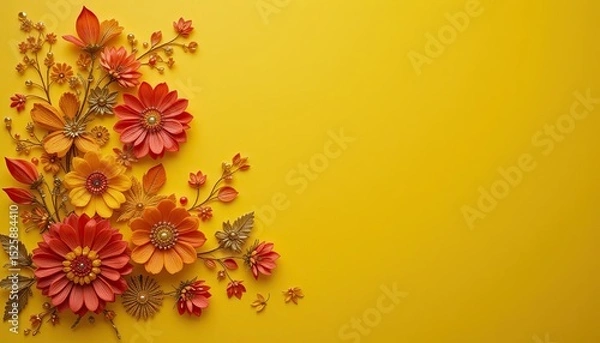 Fototapeta A vibrant, handcrafted floral decoration featuring intricate designs of red, orange, and yellow blooms on a bright yellow background. The composition highlights the rich textures and embellishments, i
