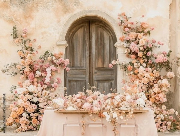 Fototapeta Elegant Wedding Table Setting with Floral Decorations in a Rustic Venue