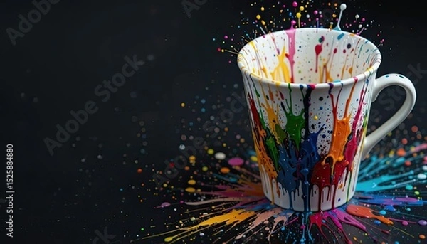 Obraz On a dark background, a cup was splashed with colorful paint.  AI-Produced