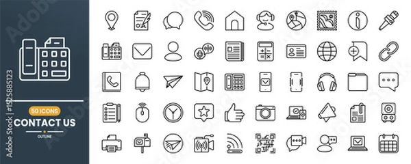 Obraz Contact us vector line icon set. Contains linear outline icons like Telephone, Mail, Support, Computer, Location, Chat, Fax, Message, Home, Phone, Agenda, Gallery. Editable use and stroke.