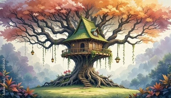 Fototapeta "A whimsical watercolor illustration of a magical treehouse nestled within a vibrant, sprawling tree. The tree features thick, gnarled roots and a broad trunk supporting the cozy wooden house, which h