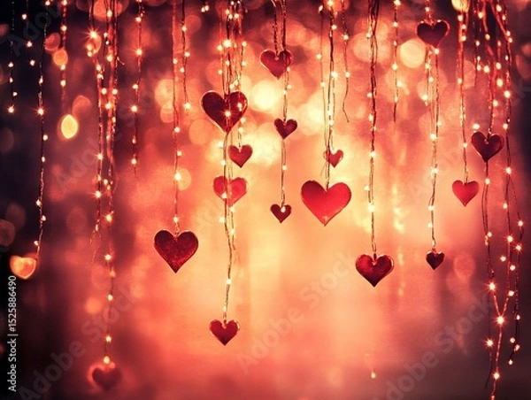 Fototapeta Romantic heart decorations with fairy lights for Valentine's Day backdrop