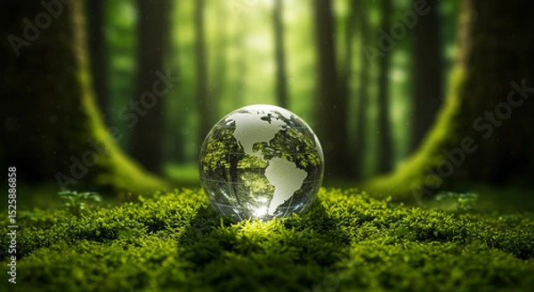 Obraz Globe reflecting forest in nature symbolizing environmental protection and conservation concept