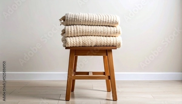 Fototapeta Folded throw blanket on a wooden stool