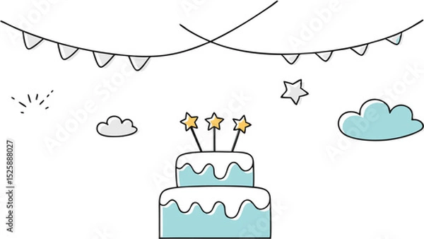Fototapeta Illustration of a two tiered cake with star toppers under a banner with clouds and a star drawing