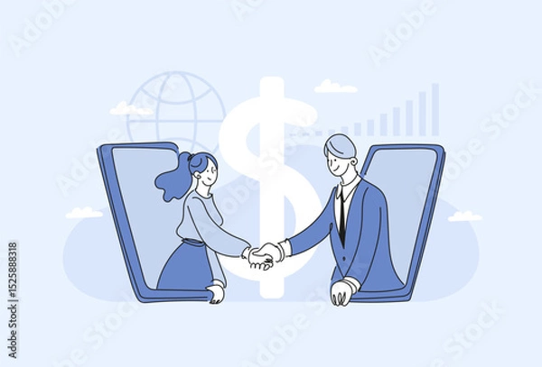 Obraz Concept of financial negotiations, global online business, job interview and career growth. Man and woman on phone screens shaking hands, flat vector illustration.