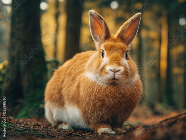 Fototapeta A ginger fat rabbit sitting, with a natural  forest autumn background, Ai image generated