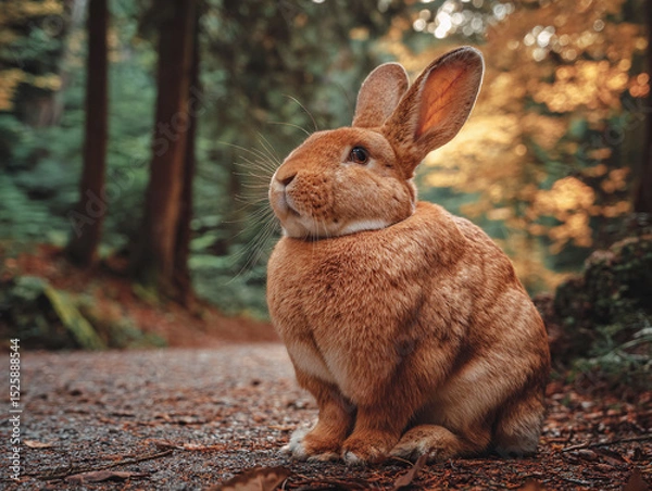 Fototapeta A ginger fat rabbit sitting, with a natural  forest autumn background, Ai image generated