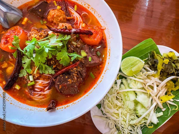 Obraz Traditional Thai noodle soup called “Nam Ngiao” served with fresh vegetables on the side. This Northern Thai dish features rice noodles in a spicy and tangy tomato-based broth with pork, dried chili