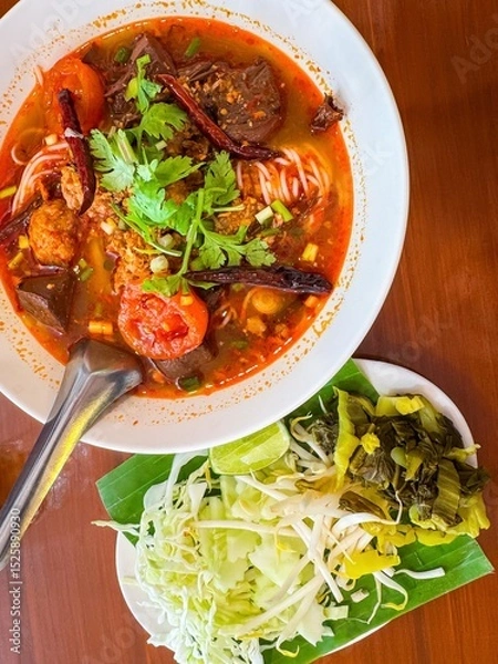 Obraz Traditional Thai noodle soup called “Nam Ngiao” served with fresh vegetables on the side. This Northern Thai dish features rice noodles in a spicy and tangy tomato-based broth with pork, dried chili
