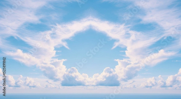 Obraz Symmetrical composition of fluffy white clouds against a bright blue sky background