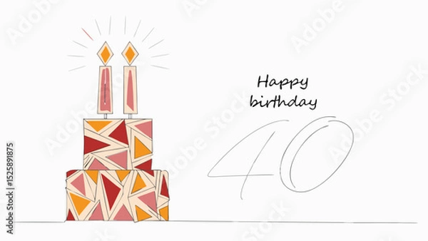 Fototapeta A birthday cake with candles and the words happy birthday written next to the number forty on white background