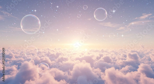 Obraz Dreamy view of clouds, bubbles, and stars in a pastel sky with a bright sun