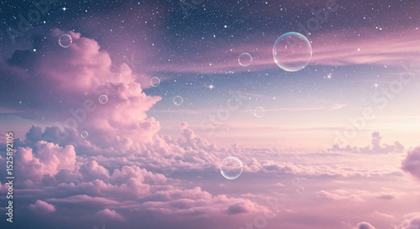 Obraz Whimsical scene of clouds, bubbles, and stars in a dreamy sky at dusk