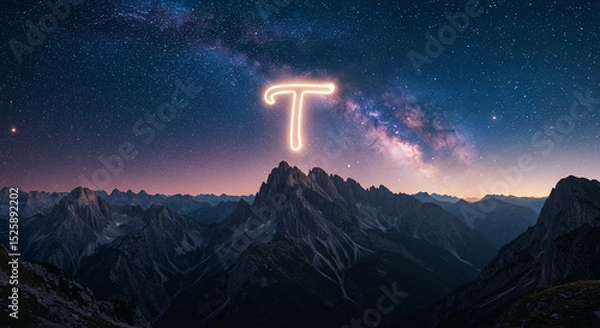 Obraz Stunning landscape with the Milky Way, mountains, and a glowing neon letter T