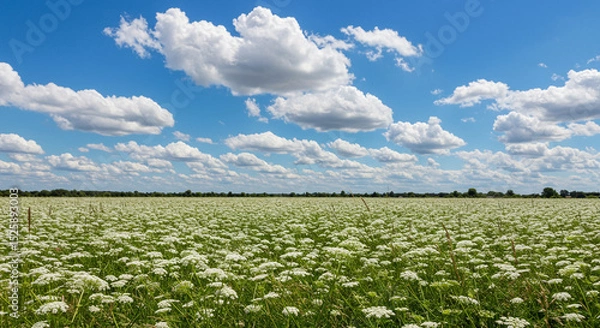 Obraz A beautiful landscape with a field of white flowers under a blue sky with clouds
