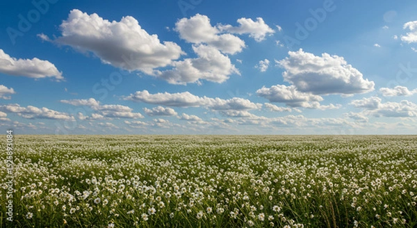 Obraz A stunning landscape featuring a field of wildflowers under a vibrant blue cloudy sky
