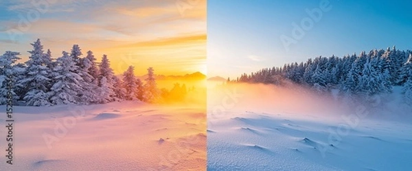 Fototapeta Snowy winter landscape at sunrise, split view showing warm and cool tones